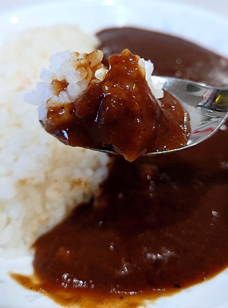 業務スーパー レトルト 大人の大盛りカレー 中辛 料理 スプーンですくったところ